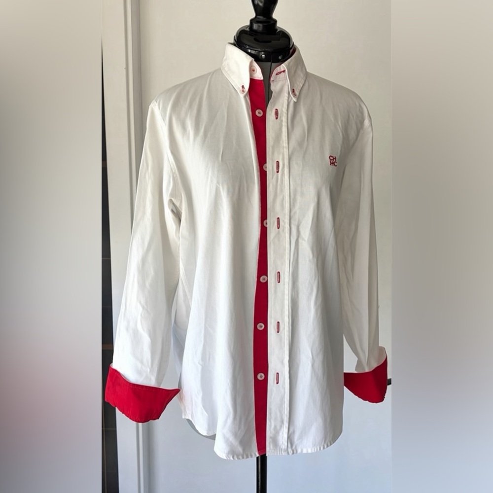 Carolina Herrera CH Button-Down Shirt w/ red trim/cuffs, SzS, EUC